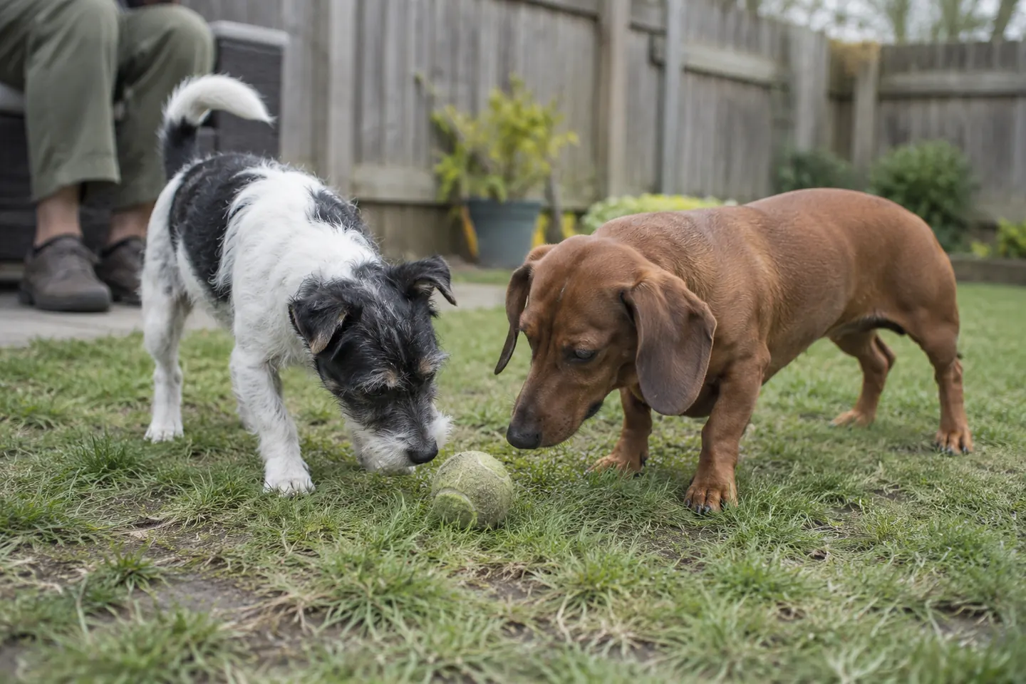 Two small dogs exploring a ball on an enclosed patio