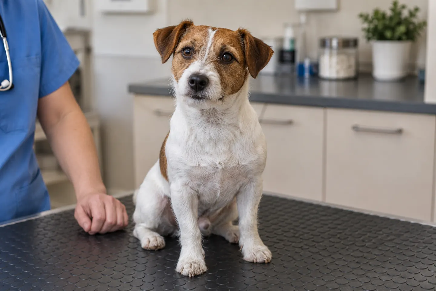 Small terrier sitting on a mat in a veterinary consultation room