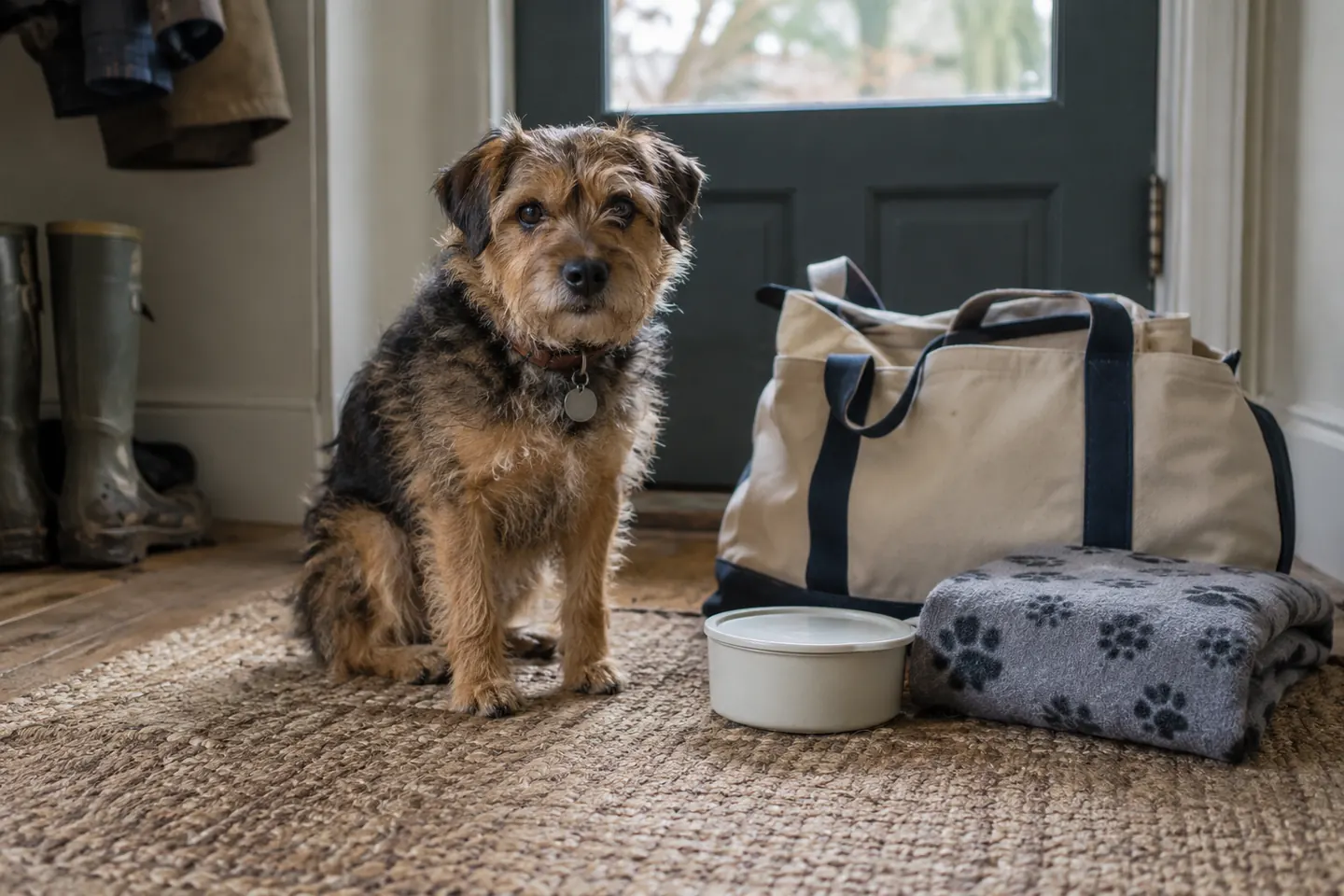Scruffy terrier beside an overnight bag, blanket and food container
