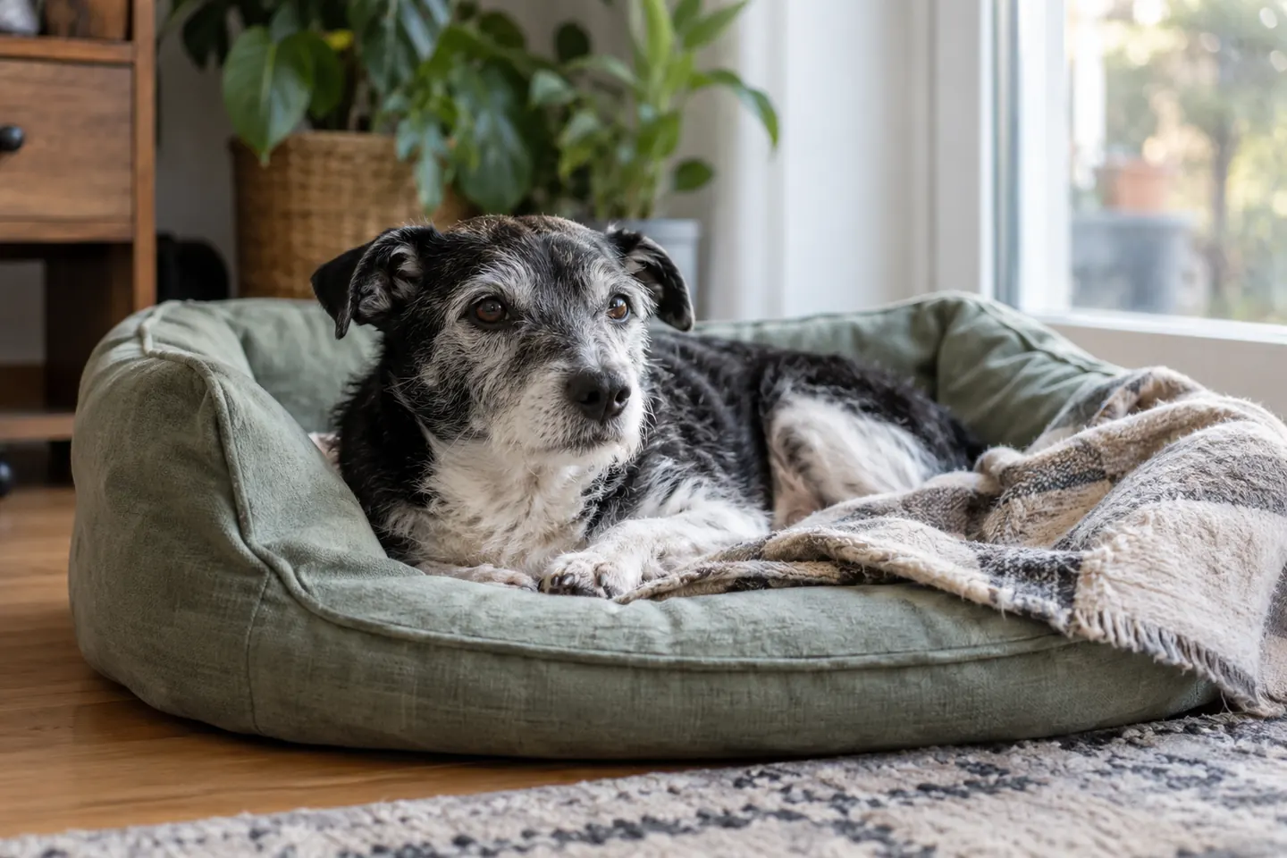 Older terrier resting on a low bed beside a window