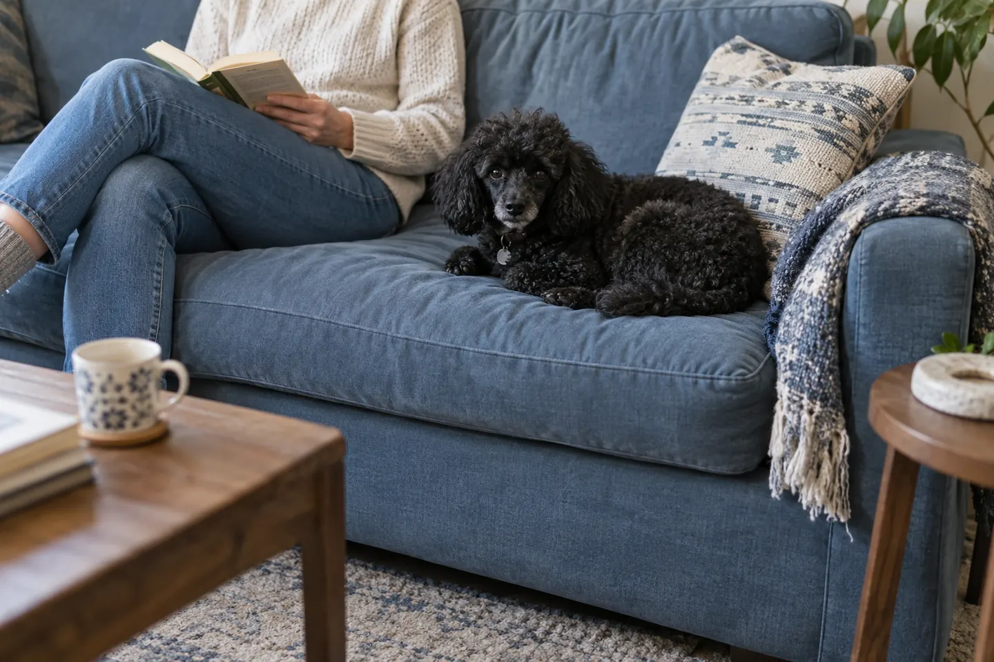 Black miniature poodle resting beside a person on a blue sofa