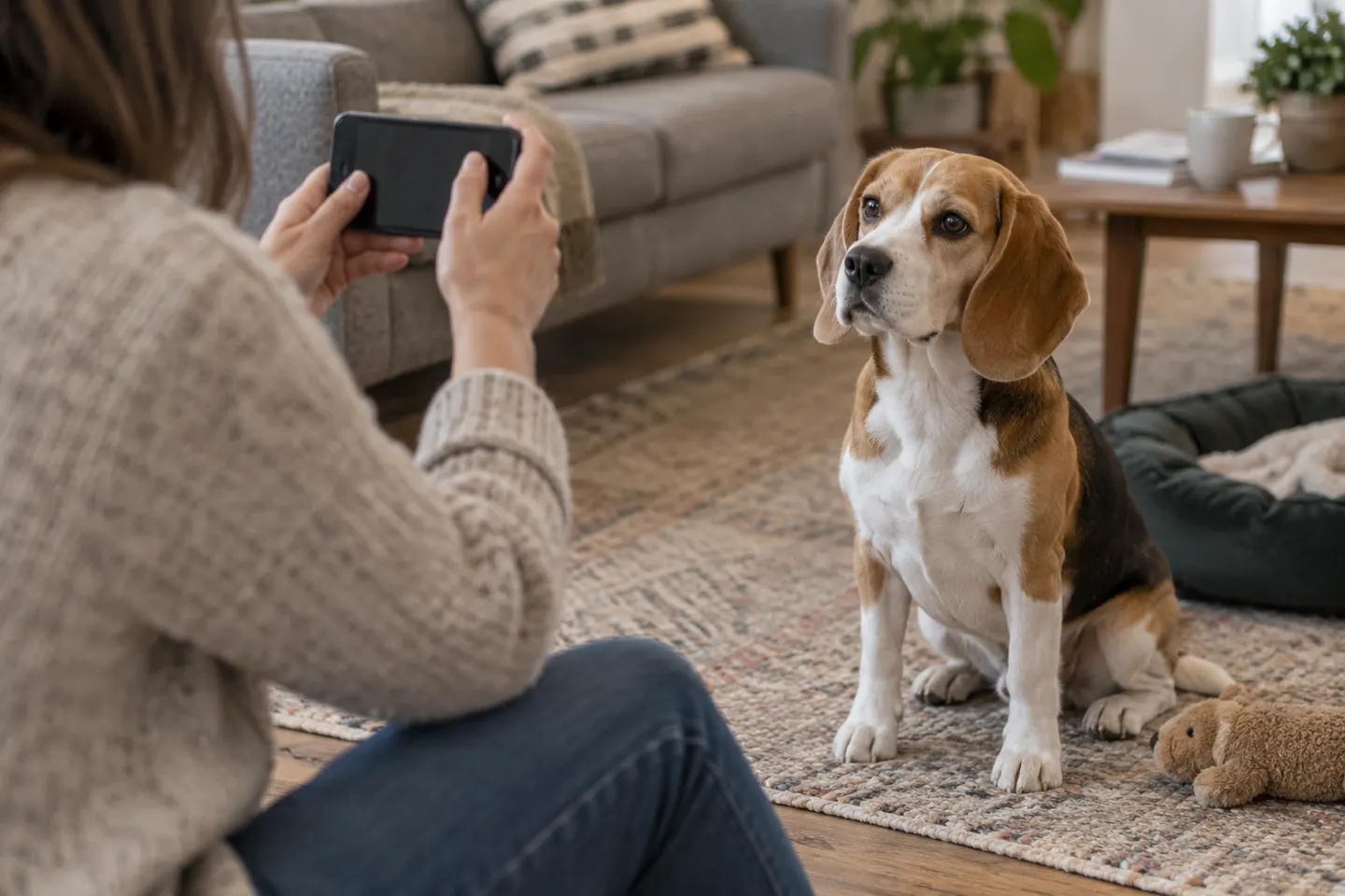 Person holding a phone to photograph a small beagle at home