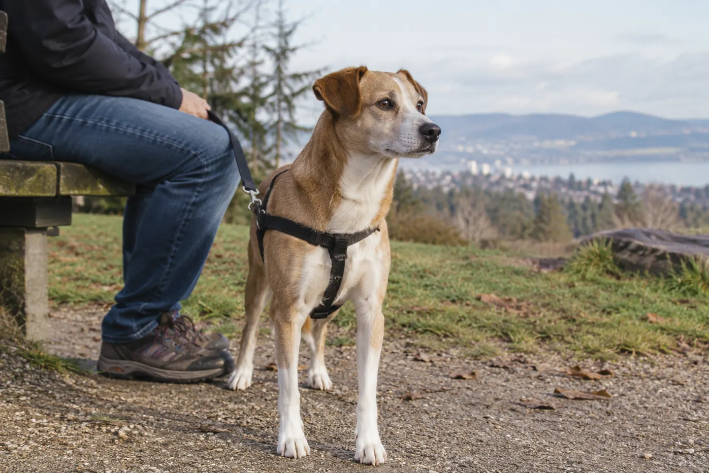 Small dog observing a park from beside a seated person